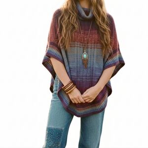 Crystal Kobe Cowl Neck Knit Poncho Multi-color Oversized Cape Sweater OS